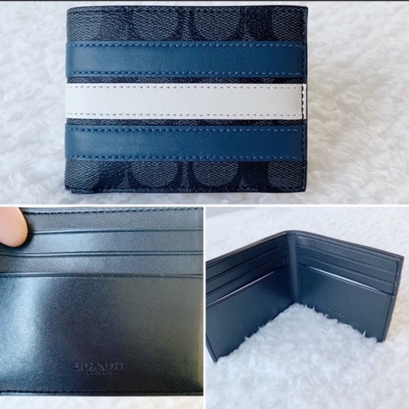 NWT Coach Men’s Signature Leather Canvas Slim Billfold Varsity Stripe Wallet - Picture 7 of 8